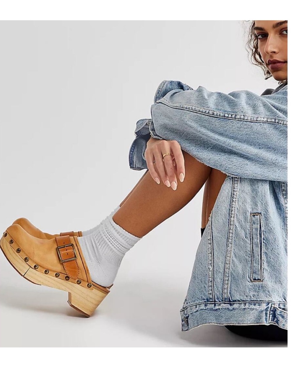 Free People Culver City Clogs Women’s Beige Tan Leather Studded Buckle-38/8
